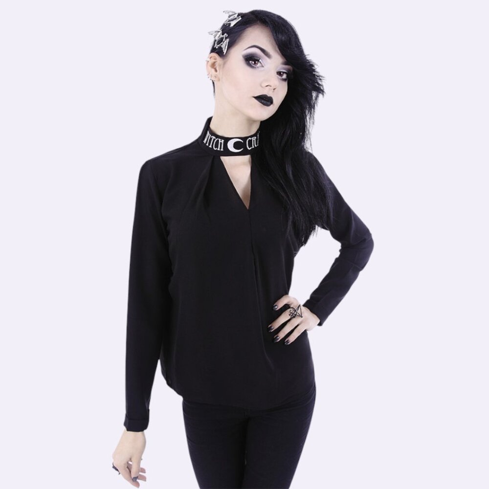 Restyle Witchcraft Moon V‑Neck Choker Blouse, Black, Long Sleeve, Gothic XL